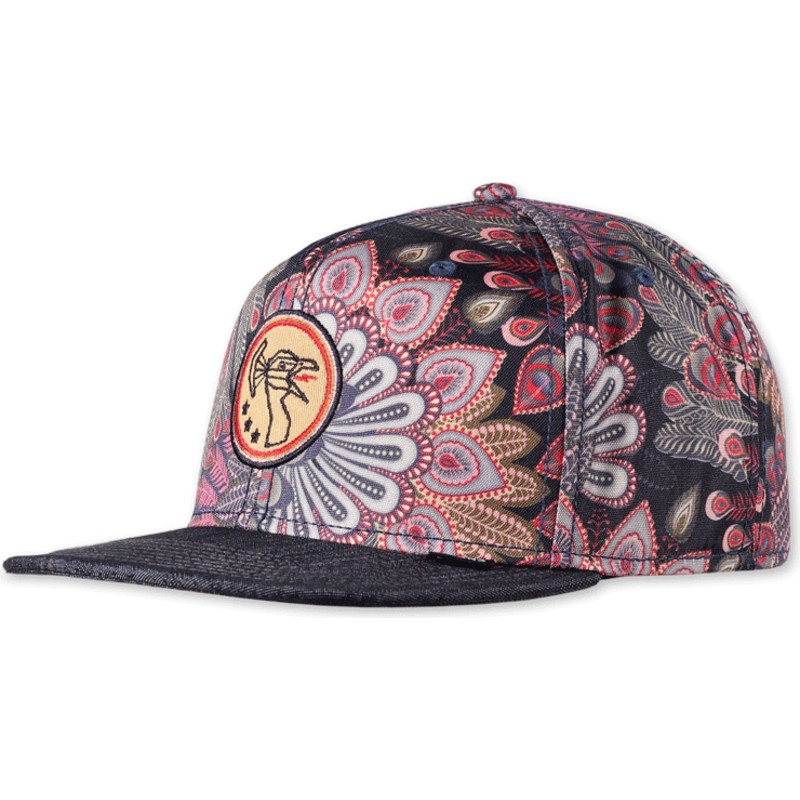 djinns-flat-brim-peacock-linen-black-snapback-cap