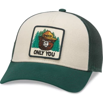 American Needle Smokey Bear Valin Beige and Green Snapback Trucker Hat