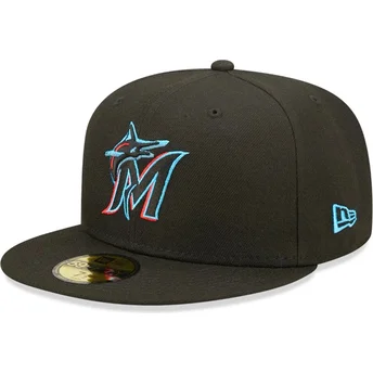 Καπέλα επίπεδη μαύρο προσαρμοσμένο 59FIFTY AC Perf από Miami Marlins MLB από New Era