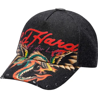 Ed Hardy Curved Brim Art For Life Acid Wash Black Adjustable Cap