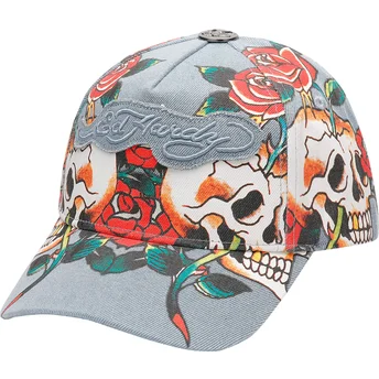 Ed Hardy Curved Brim Skull Rose Denim Blue Adjustable Cap