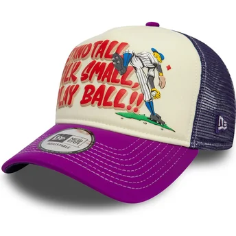 New Era 9FORTY A Frame Graphic Stand Tall Talk Small Play Ball Beige and Purple Trucker Hat