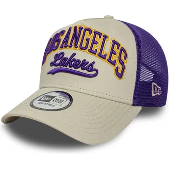 New Era E Frame Script Los Angeles Lakers NBA Beige and Purple Trucker Hat