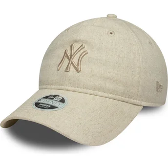 New Era Curved Brim Women 9TWENTY Linen New York Yankees MLB Beige Adjustable Cap with Beige Logo