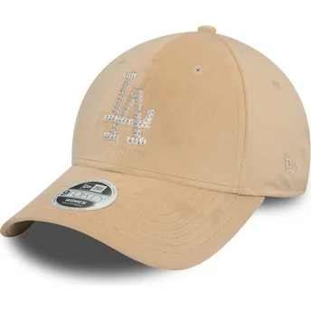 New Era Curved Brim Women 9FORTY Velour Diamante Los Angeles Dodgers MLB Beige Adjustable Cap