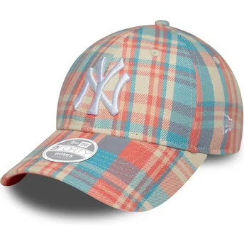 New Era Curved Brim Women 9FORTY Check New York Yankees MLB Pink and Blue Adjustable Cap