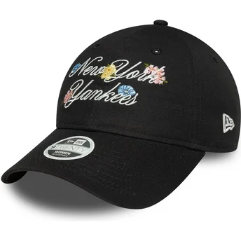 New Era Curved Brim Women 9FORTY Floral Script New York Yankees MLB Black Adjustable Cap
