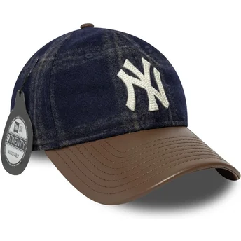 New Era Curved Brim 9TWENTY Img Loden Leather New York Yankees MLB Navy Blue and Brown Adjustable Cap