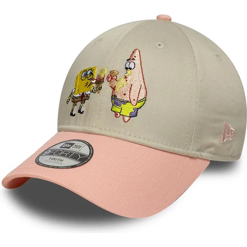 new-era-curved-brim-youth-spongebob-squarepants-and-patrick-star-9forty-beige-and-pink-snapback-cap