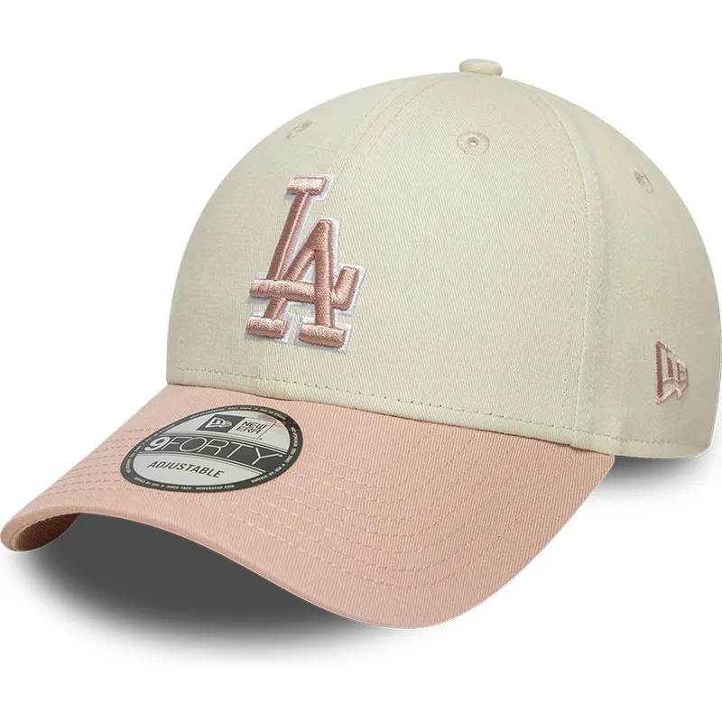 new-era-curved-brim-pink-logo-9forty-world-series-patch-los-angeles-dodgers-mlb-beige-and-pink-adjustable-cap