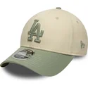 new-era-curved-brim-green-logo-9forty-m-crown-side-script-los-angeles-dodgers-mlb-beige-and-green-snapback-cap
