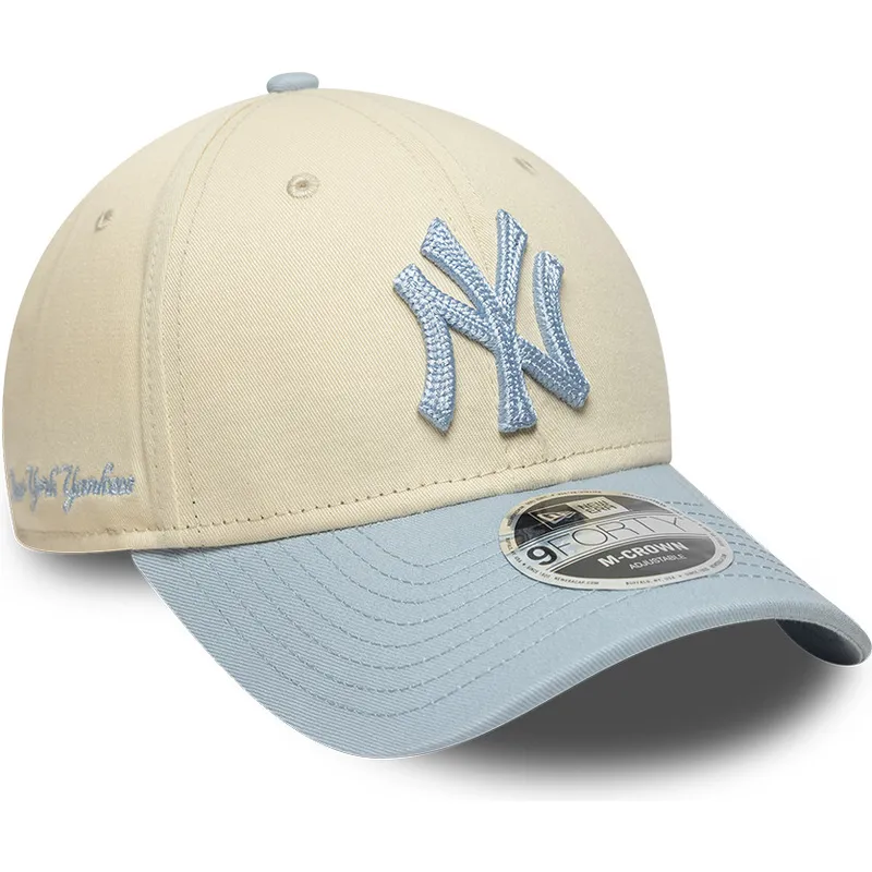 new-era-curved-brim-blue-logo-9forty-m-crown-side-script-new-york-yankees-mlb-beige-and-blue-snapback-cap