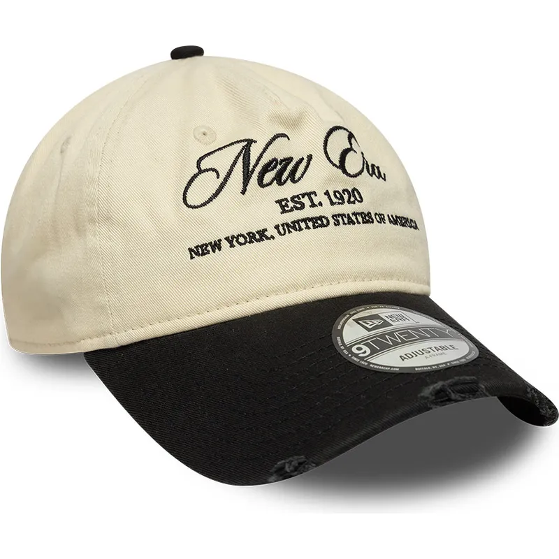 new-era-curved-brim-9twenty-wash-distress-a-frame-beige-and-black-adjustable-cap