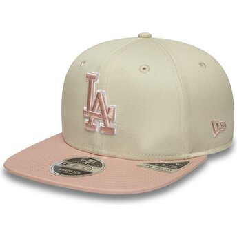 New Era Flat Brim Pink Logo 9FIFTY Original Fit World Series Patch Los Angeles Dodgers MLB Beige Snapback Cap